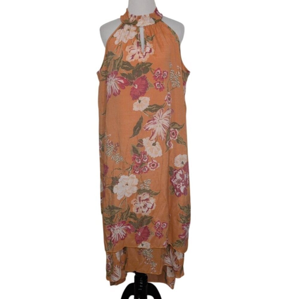 Cato Floral Hi Low Dress Womens Size Large Orange Halter Sleeveless Tropical